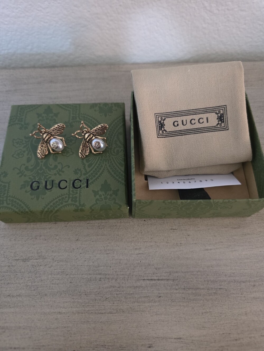 Gucci Gold Tone Bee Pearl Earrings